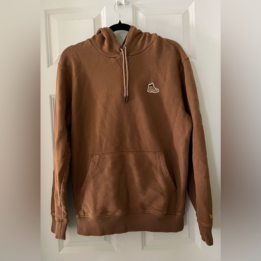 Men’s Timberland Brown Hoodie Sweatshirt with Ribbed Cuffs and boot Logo Small
